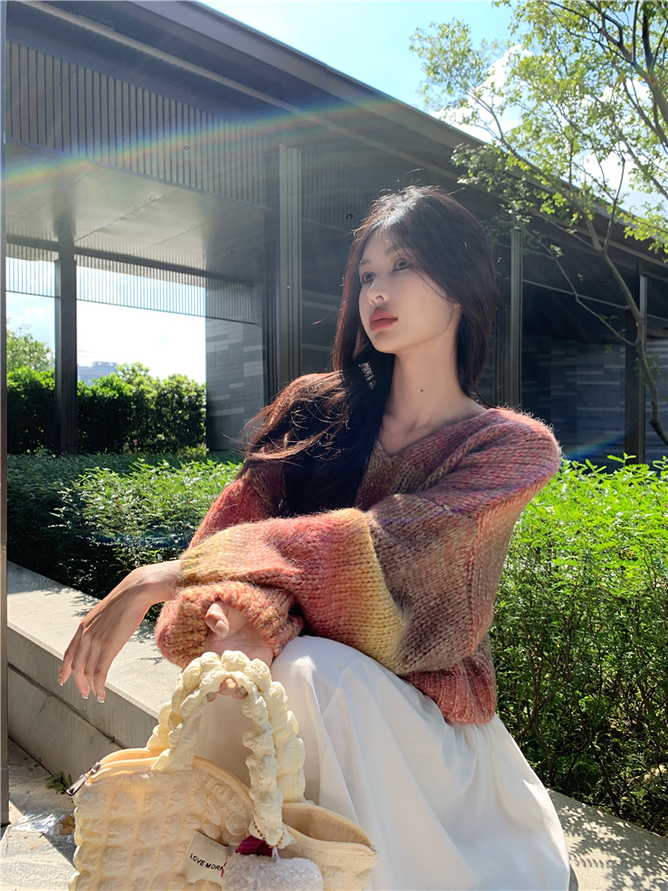 慵懶風套頭V領撞色領漸變長袖針織衫寬鬆顯瘦毛衣