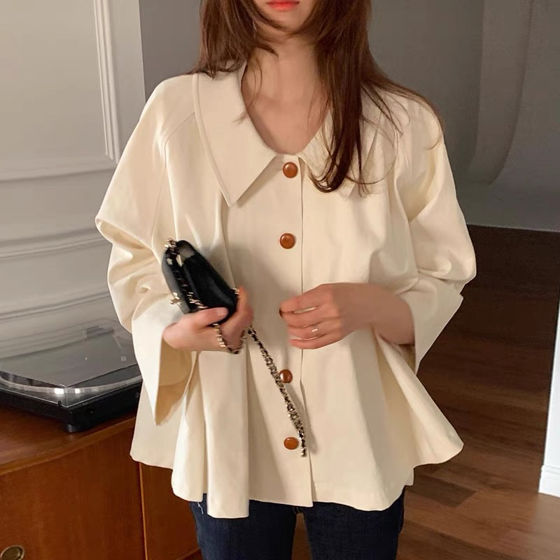 韓國chic春季法式簡約翻領oversize寬鬆休閒純色百搭長袖襯衫上衣