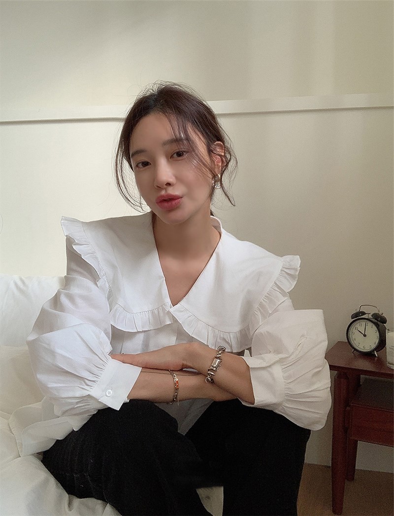 法式復古別致上衣女溫柔氣質娃娃領泡泡袖襯衫2023秋季新款韓國