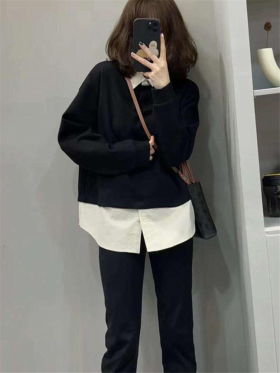 歐貨秋季2023新款高級感百搭假兩件衛衣女拼接襯衫設計感小眾上衣
