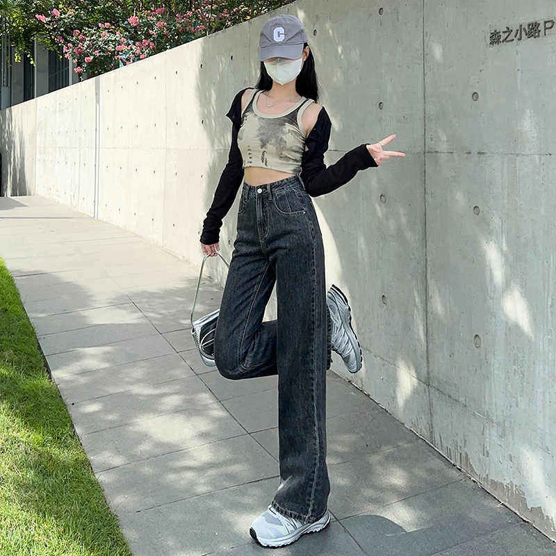 2023秋季寬鬆高腰顯瘦垂感直筒拖地闊腿牛仔褲女