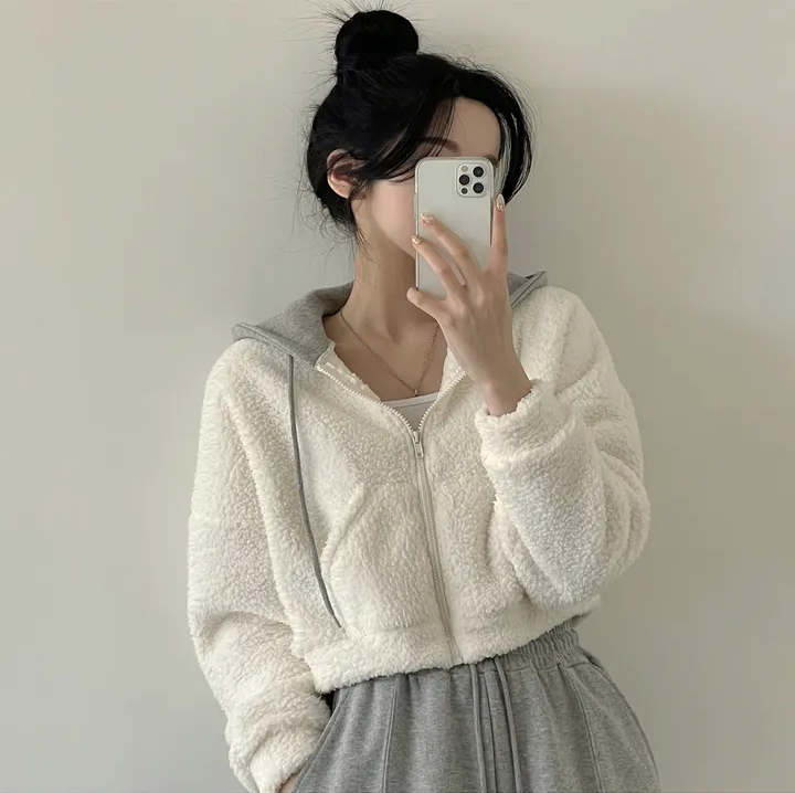 Korean chic autumn and winter warm casual sports loose lamb wool hooded pocket small plush jacket for women