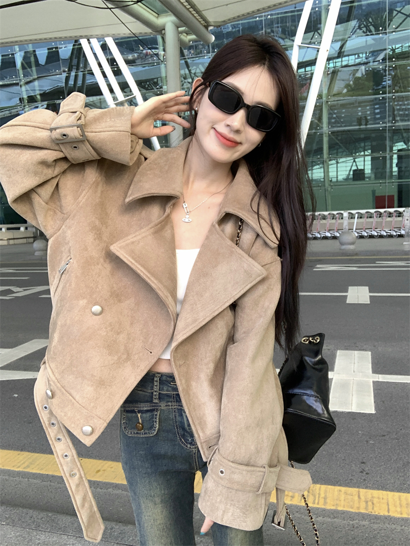 Nordic port high-end crisp and loose lapel deerskin leather motorcycle jacket