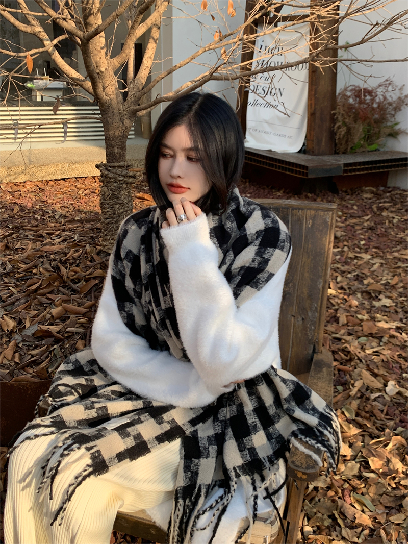~經典格紋仿羊絨百搭保暖黑白格子圍巾圍脖潮女