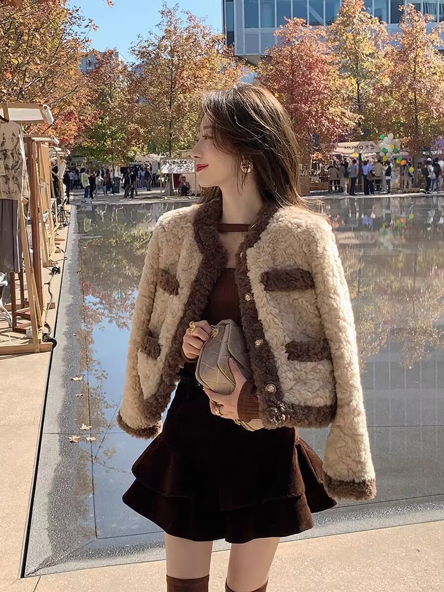 Guoguojia short small fragrant fur coat for women spring and autumn 2023 new imitation lamb wool quilted plush top