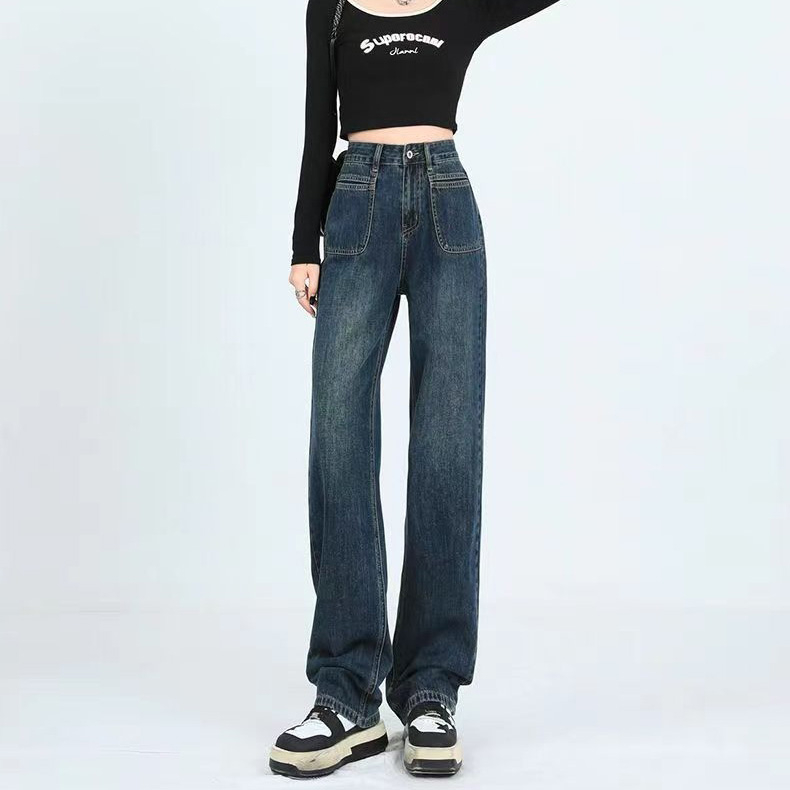 2023秋季懷舊闊腿直筒寬鬆高腰垂感拖地牛仔褲女