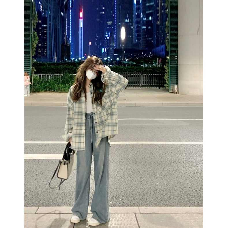 格子襯衫上衣女2023秋季新款學院風法式設計感小眾寬鬆襯衣外套