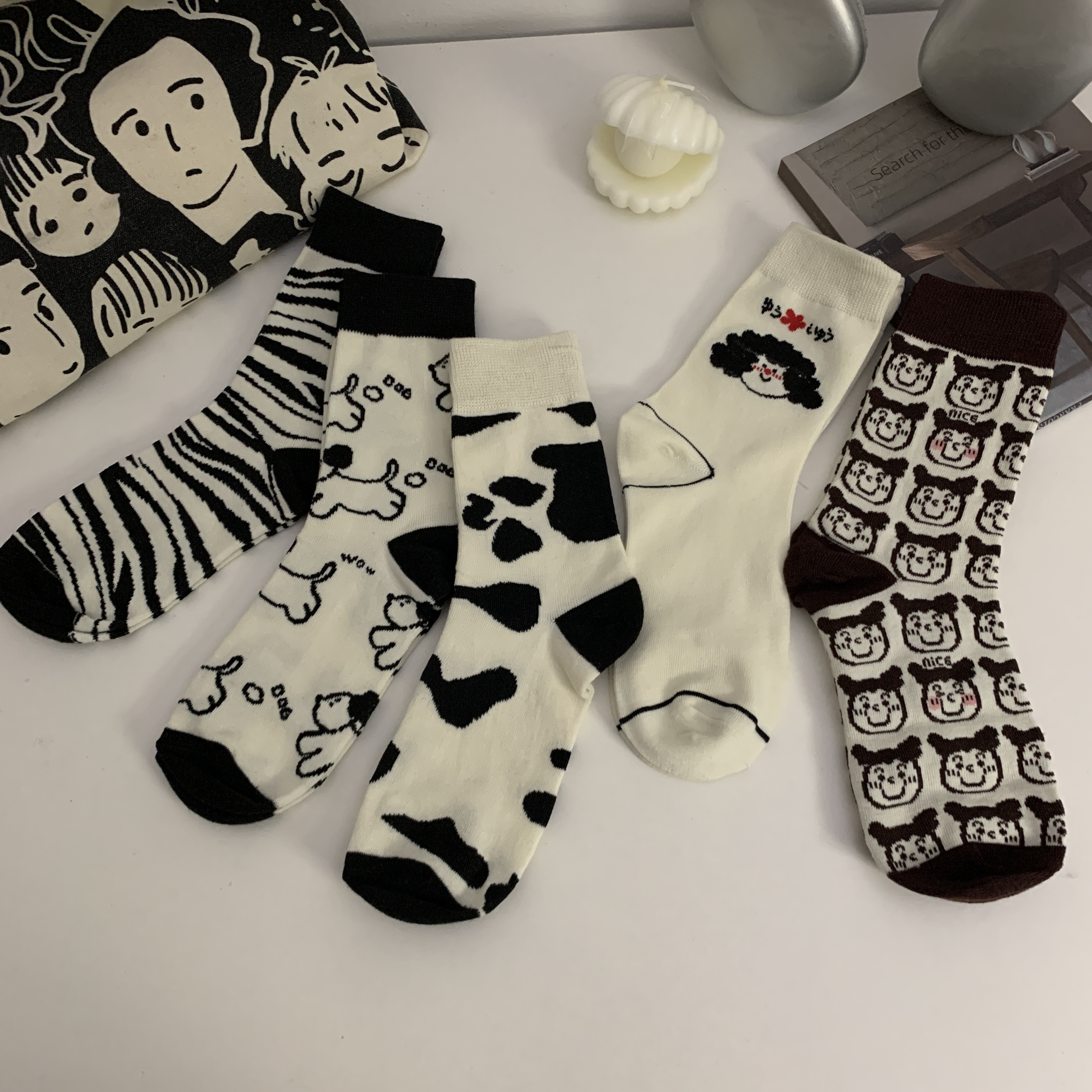 韓版卡通女孩個性襪子百搭潮流斑馬奶牛狗狗中筒襪5雙裝