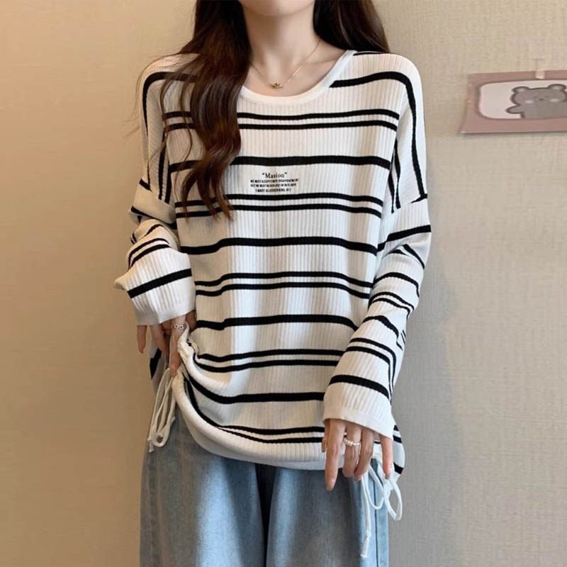 女裝2023秋新款顯瘦條紋胖mm洋氣減齡寬鬆長袖上衣