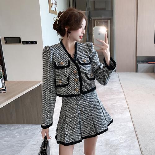 Autumn and winter new style retro high-end temperament celebrity waist slimming small fragrant skirt suit two-piece set