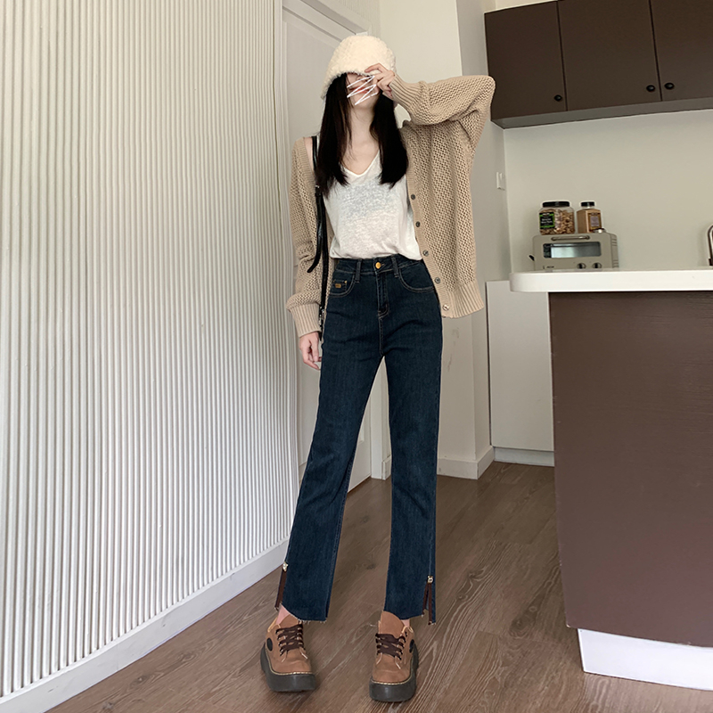 2023年新款高腰顯瘦小個子春秋微喇叭煙管牛仔褲女