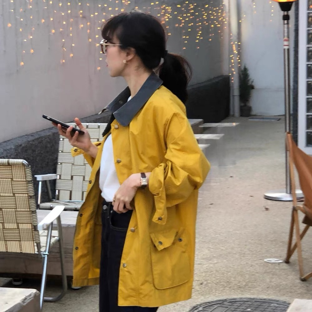 South Korea's Dongdaemun New Heavy Industry Edition Large Contrast Lapel Straight Loose Workwear Windbreaker Jacket