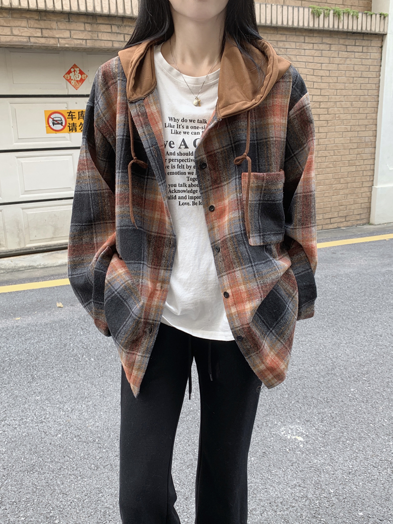 American retro hooded casual plaid long-sleeved jacket for women 2023 autumn new loose design niche top