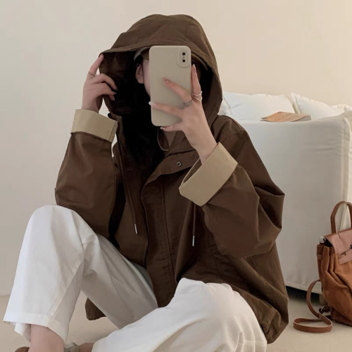 Korean style loose silhouette design hooded workwear windbreaker for women Dongdaemun lazy style short coat jacket top