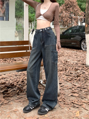 ~New high-waisted loose slimming retro straight-leg work dungaree jeans pants