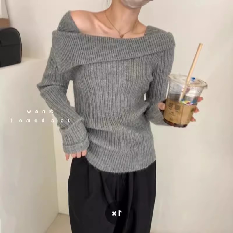 一字肩針織衫女2023早夏新款打底衫內搭設計感小眾高級感修身上衣