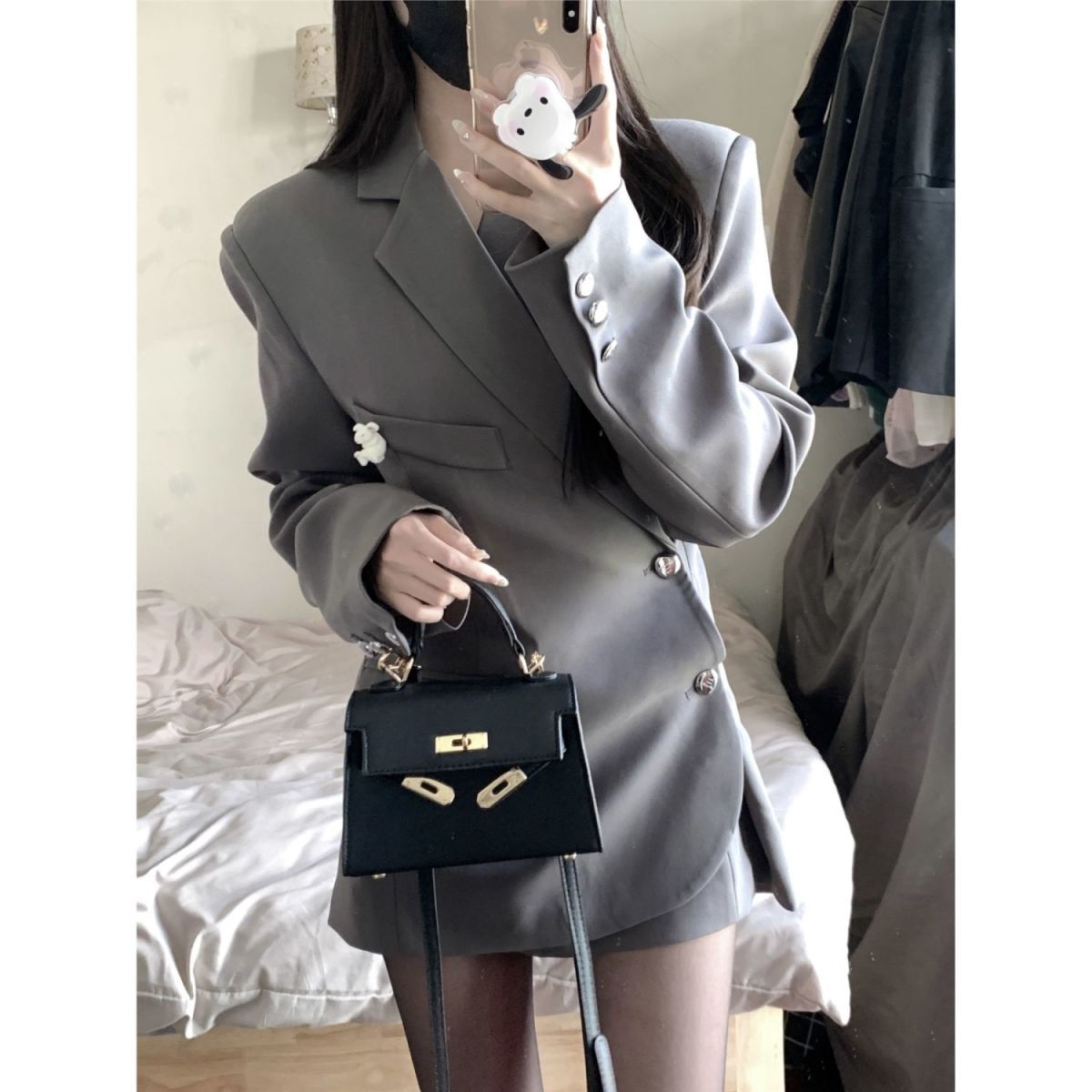 Gray high-end suit jacket for women 2023 spring and autumn mid-length irregular temperament versatile slimming top