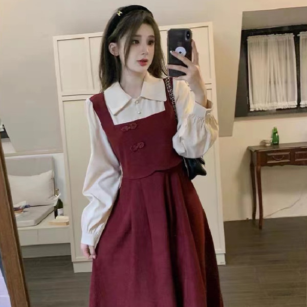 連衣裙女早秋新款2023娃娃領拼接撞色設計感假兩件顯瘦藏肉中長裙