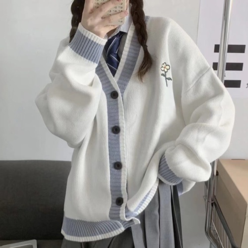 Autumn and winter college style Korean style loose V-neck color-blocked jK sweater jacket for female students lazy style versatile sweater