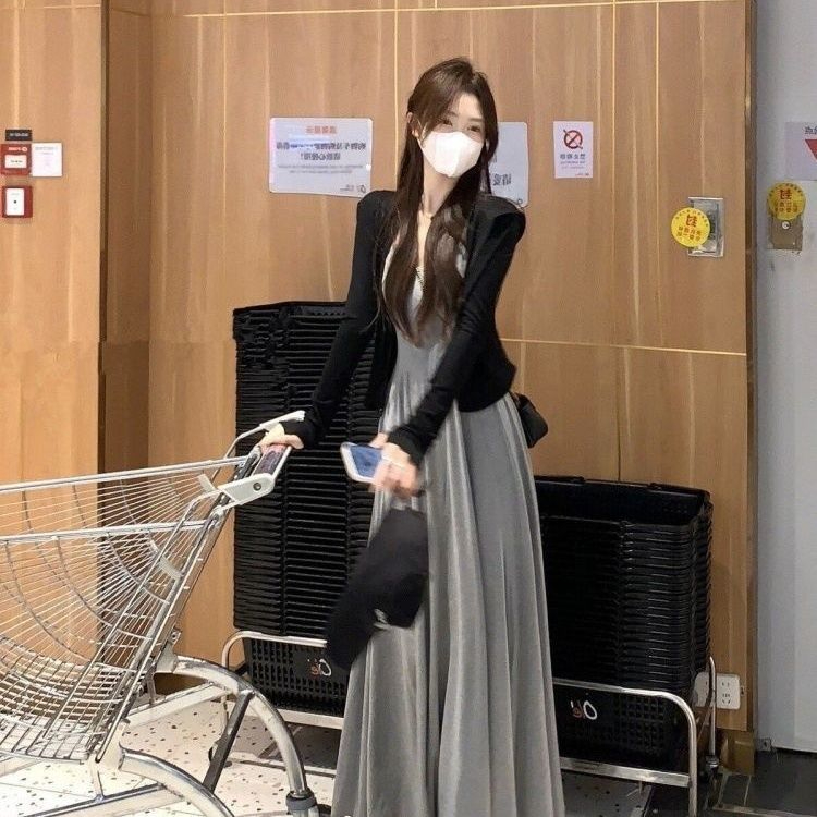 人棉巨顯瘦長款吊帶連衣裙+開衫外穿遮肉顯高通勤套裝白水女同