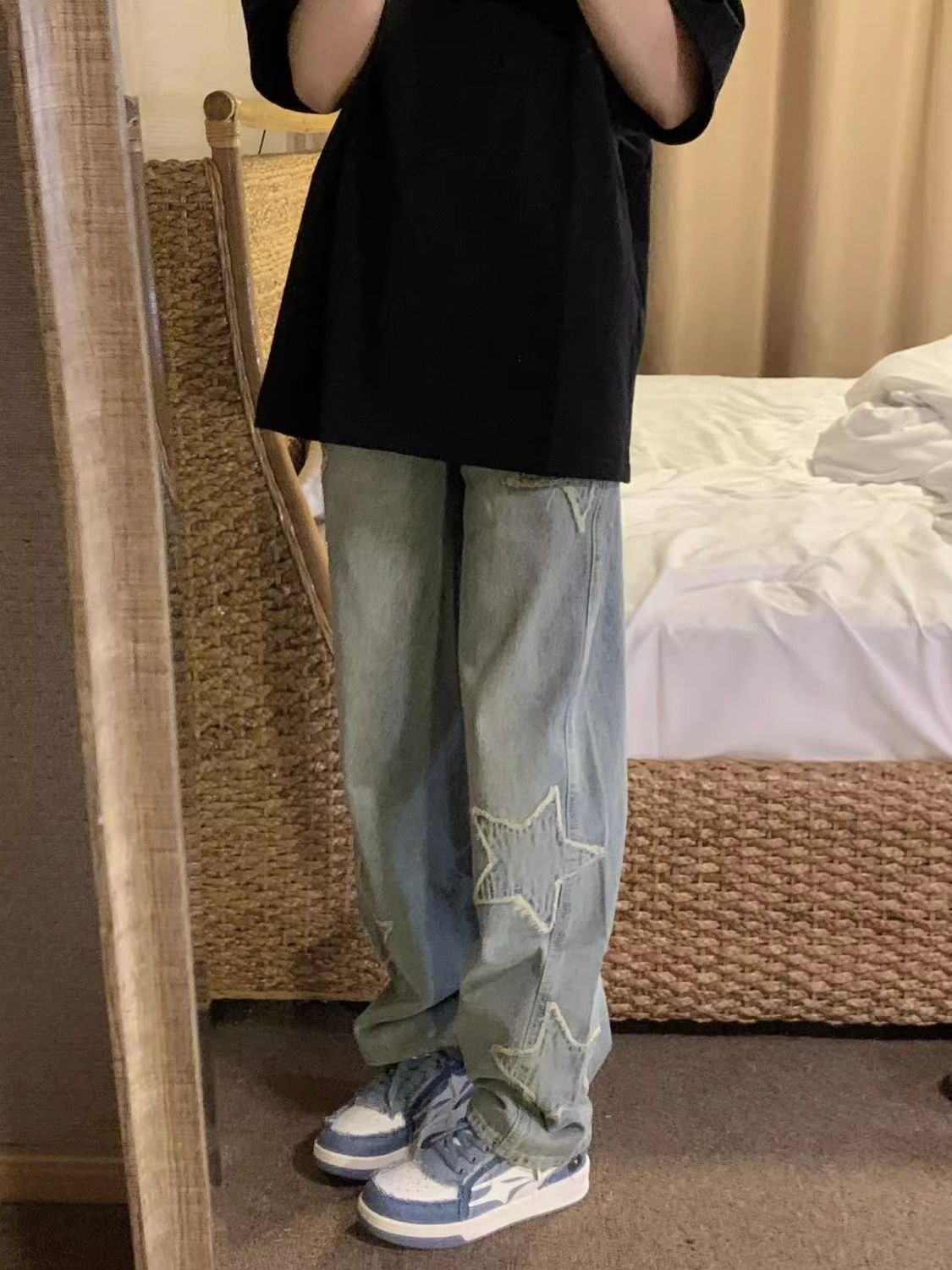牛仔褲#新款美式復古星星刺繡牛仔褲女高腰寬鬆百搭直筒闊腿褲潮