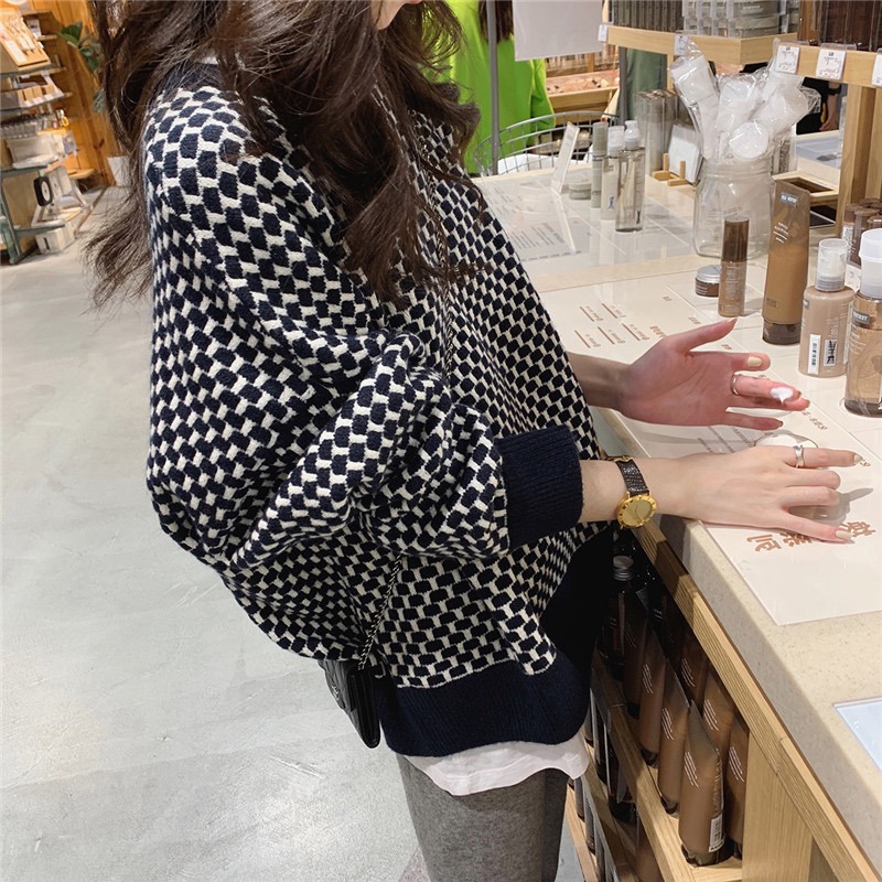 2023秋冬新款網紅高級感韓版復古名媛軟糯寬鬆外穿格子毛衣女裝