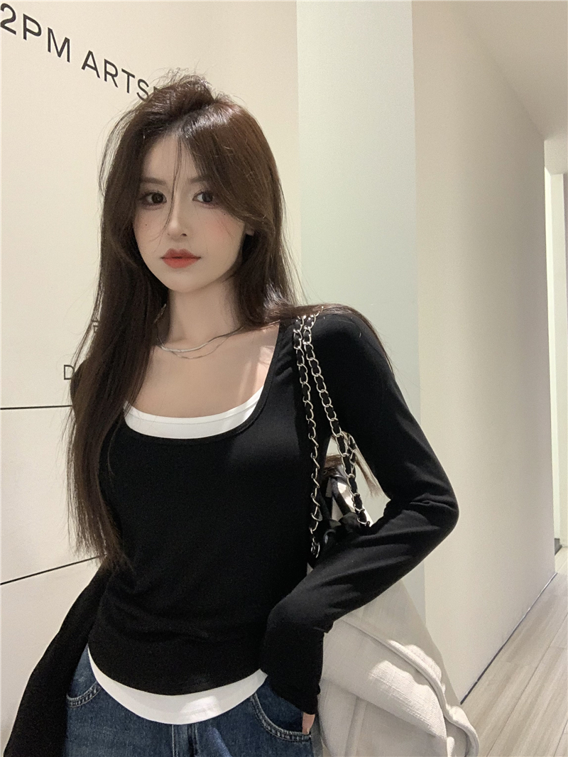～ 韓版時尚簡約百搭修身顯瘦假兩件上衣女ins