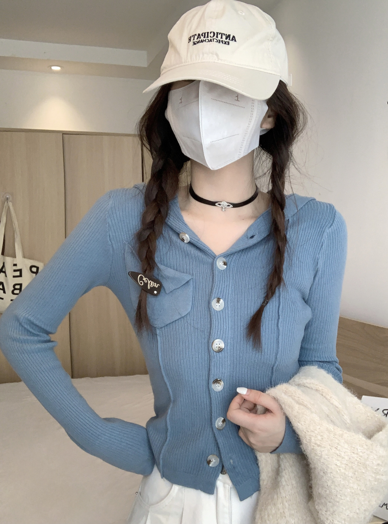 2023秋設計感洋氣減齡連帽口袋設計長袖開衫上衣女
