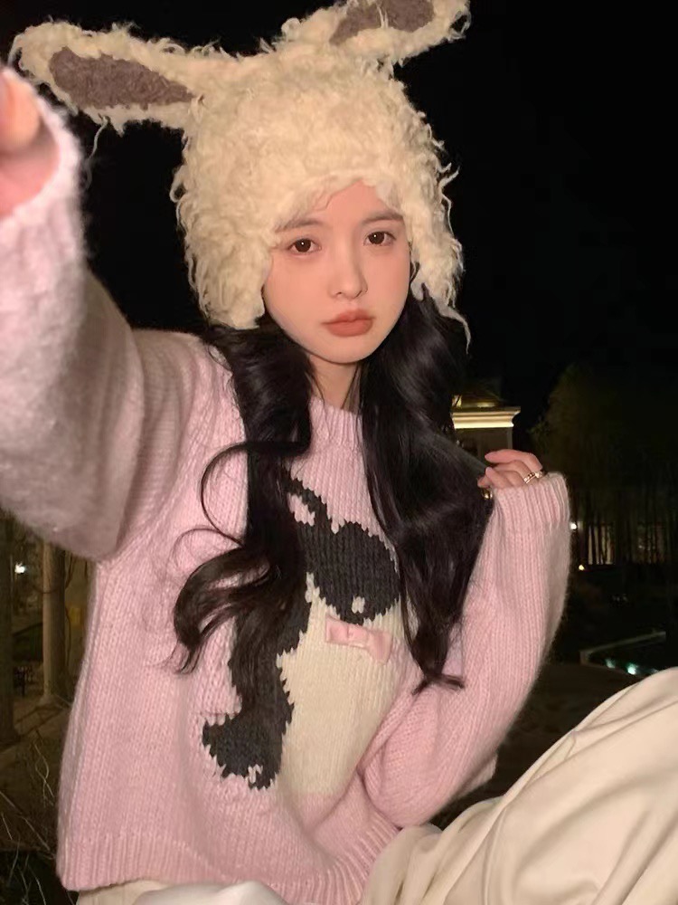 范智喬設計感針織毛衣兔子圖案提花羊毛圓領長袖套頭短款秋冬上衣