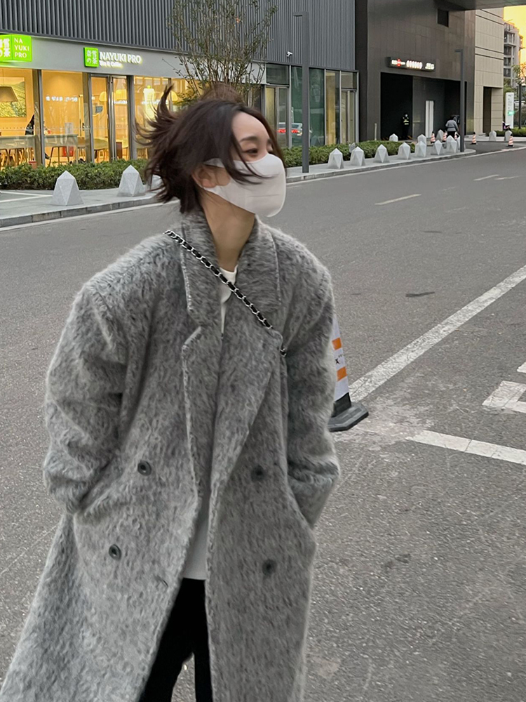 膩膩夕 能過冬長毛馬海毛毛流感財閥西裝大衣加厚中長款毛呢外套