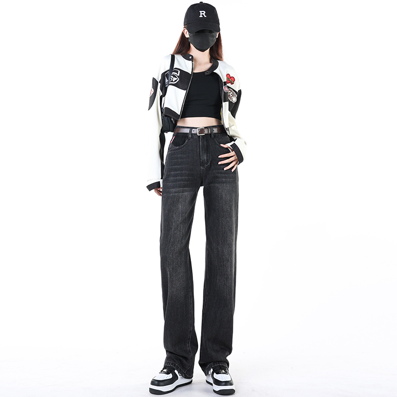 2023秋季高腰寬鬆簡約直筒後代陰影黑色牛仔褲女