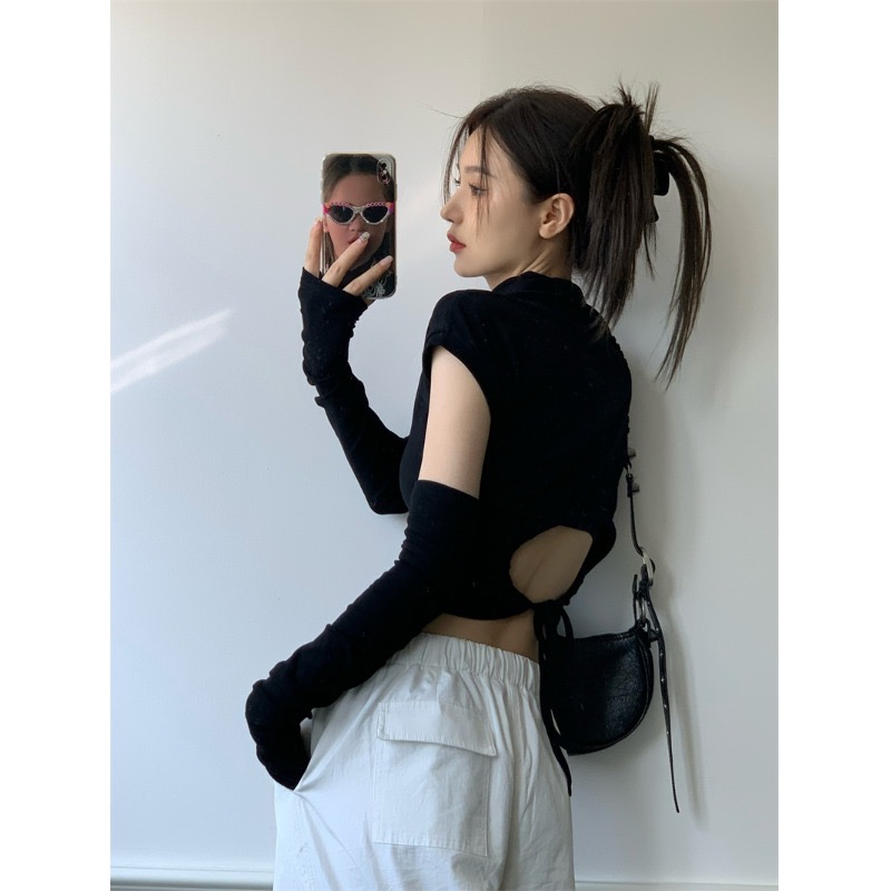 210g pure cotton thread quality hollow backless strap black t-shirt for women spring and autumn