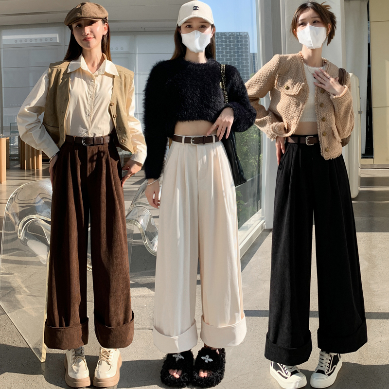 復古翻卷邊日系燈芯條絨闊腿褲女秋冬高腰顯瘦百搭直筒休閒褲