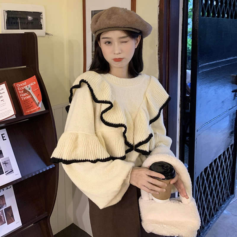 正反兩穿毛衣春裝新款波浪邊撞色設計感套頭針織加厚上衣女潮