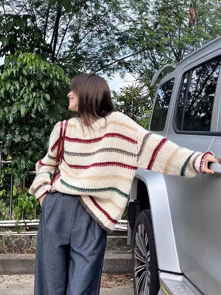 初冬日系復古條紋毛衣女外穿早秋季慵懶寬鬆針織衫女套頭內搭上衣