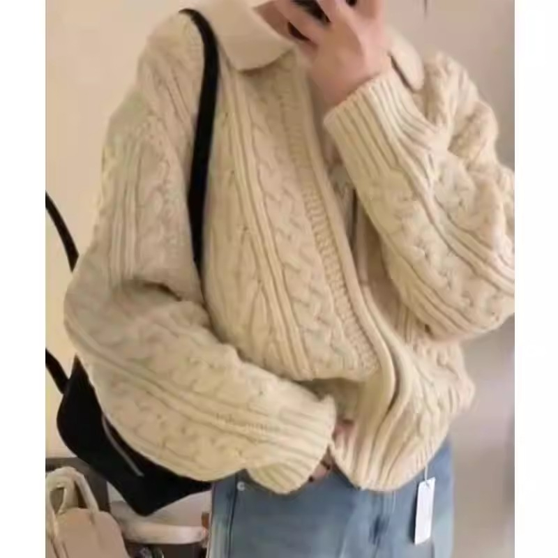 毛衣開衫女秋冬加厚拉鏈翻領麻花寬鬆慵懶風針織外穿小眾毛線外套