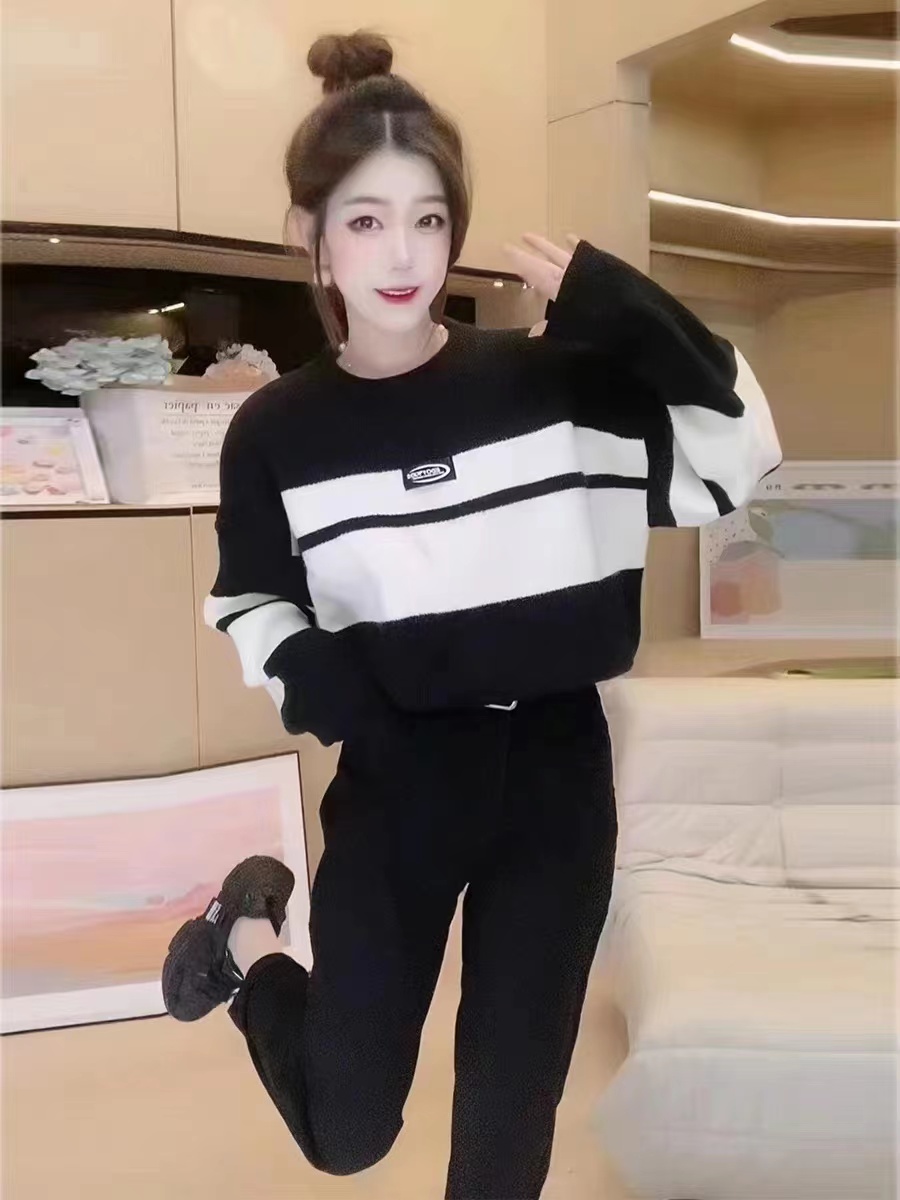毛衣女2023秋冬新款圓領條紋洋氣寬鬆顯瘦百搭抽繩套頭針織衫上衣