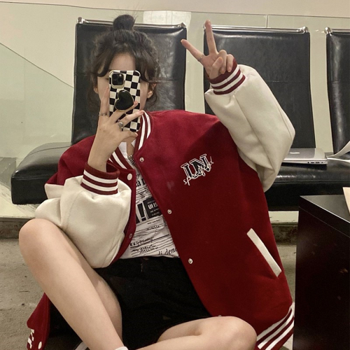 Burgundy American baseball uniform for women in spring and autumn, boyish style, college style woolen patchwork jacket, couple coat
