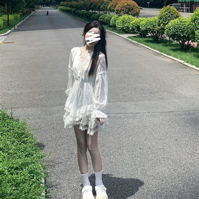 初戀情結白色肌理感氣質連衣裙女不規則蛋糕裙