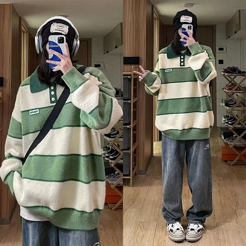 polo領毛衣女秋冬日系復古條紋拼色學院風寬鬆潮流加厚針織衫線衣