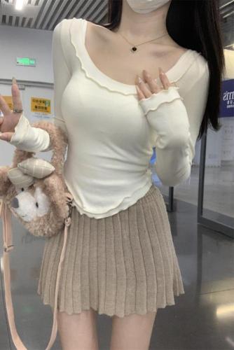 Autumn and Winter Korean Version Slim U Neck Pure Desire Ruffled Design Pure Cotton Long Sleeve T-Shirt Top