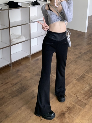 黑色设计感拼皮休闲裤女秋季高个子显瘦修身拖地喇叭裤