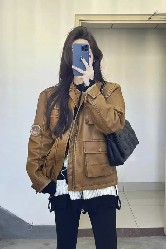美式復古棕色設計感pu皮夾克棒球服女皮衣2023新款vintage外套潮
