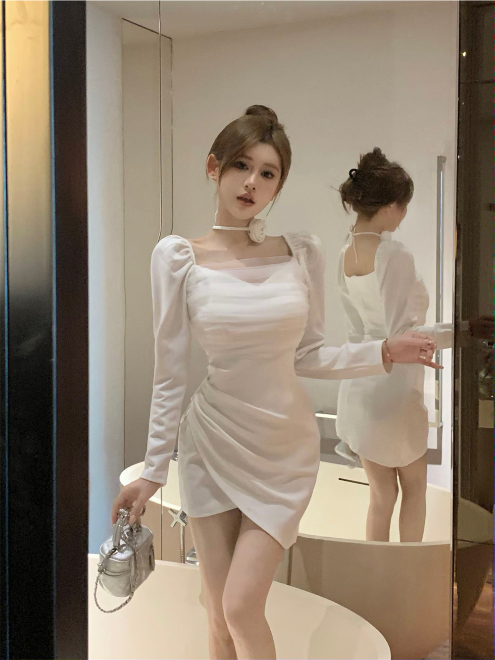實拍 方領長袖網紗拼接高腰顯瘦不規則連衣裙配花朵