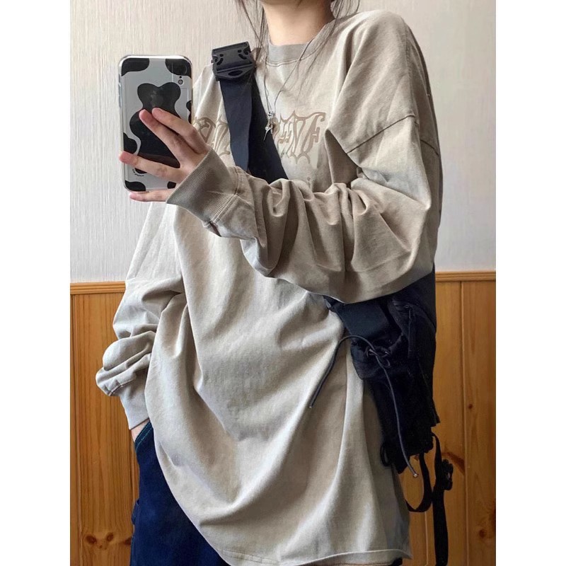 純棉美式復古國潮牌長袖打底衫女薄款春秋t恤設計感寬鬆全棉上衣
