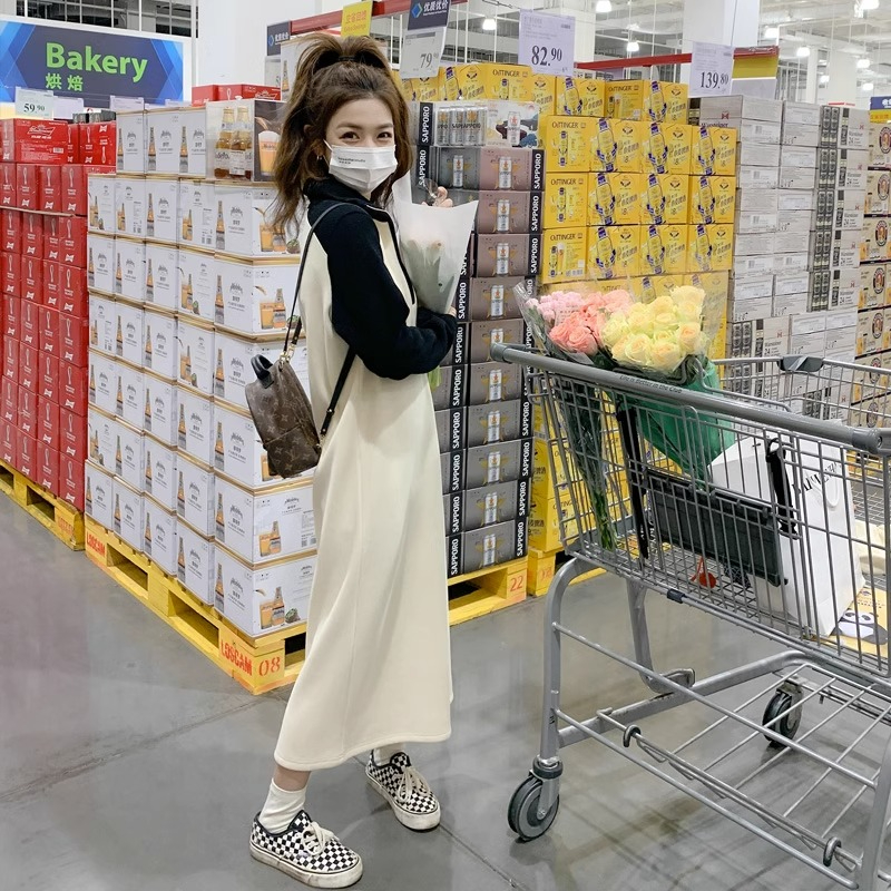針織連衣裙女秋季2023新款韓系高級感休閒長袖小個子撞色拼接長裙