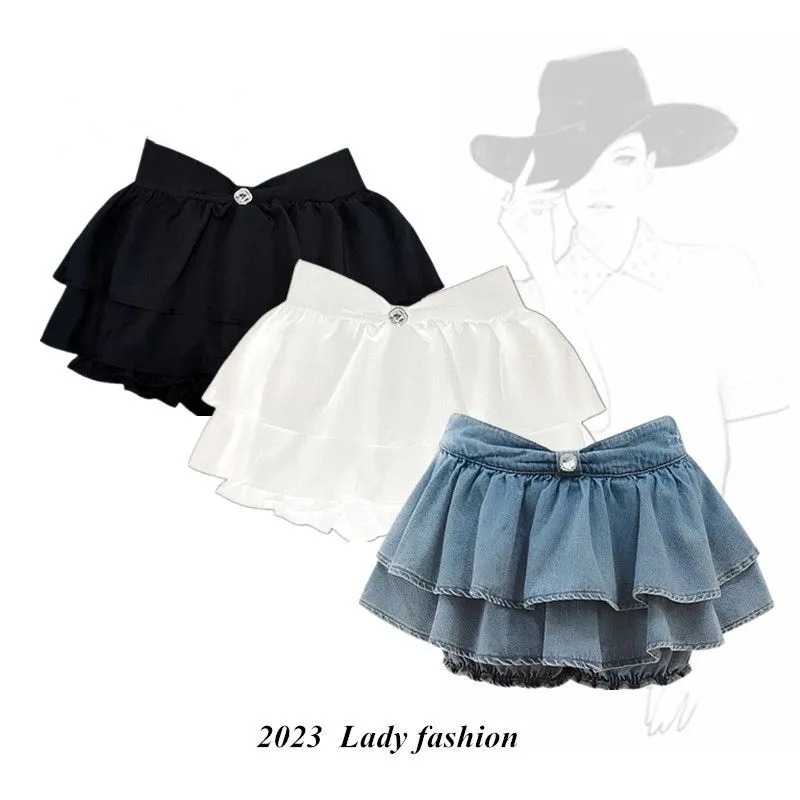 Bubble bow texture fluffy flower bud culottes cake skirt cloud double layer low waist short culottes skirt