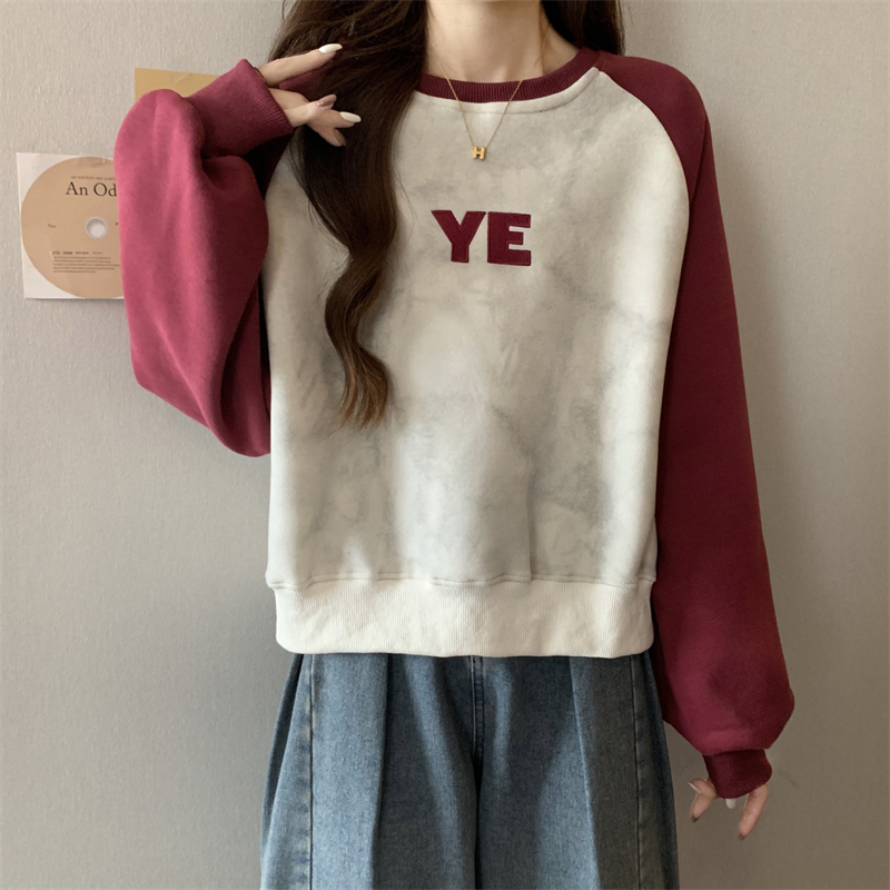 新款撞色拼接短款長袖衛衣女寬鬆印花圓領百搭上衣潮