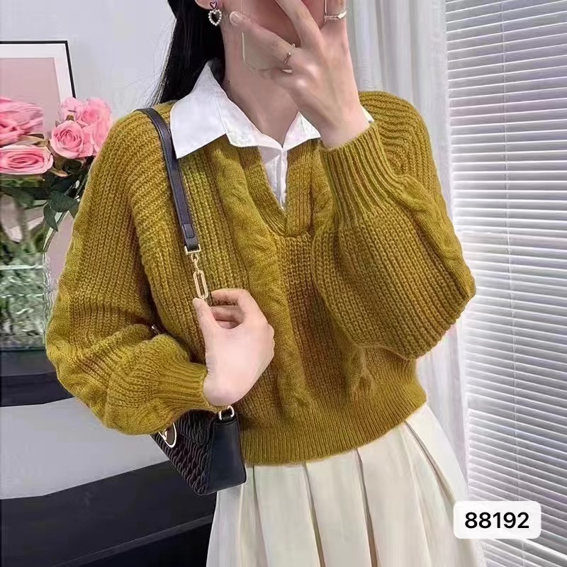 秋冬新款韓版時尚襯衣領拼接麻花紋假兩件長袖上衣女