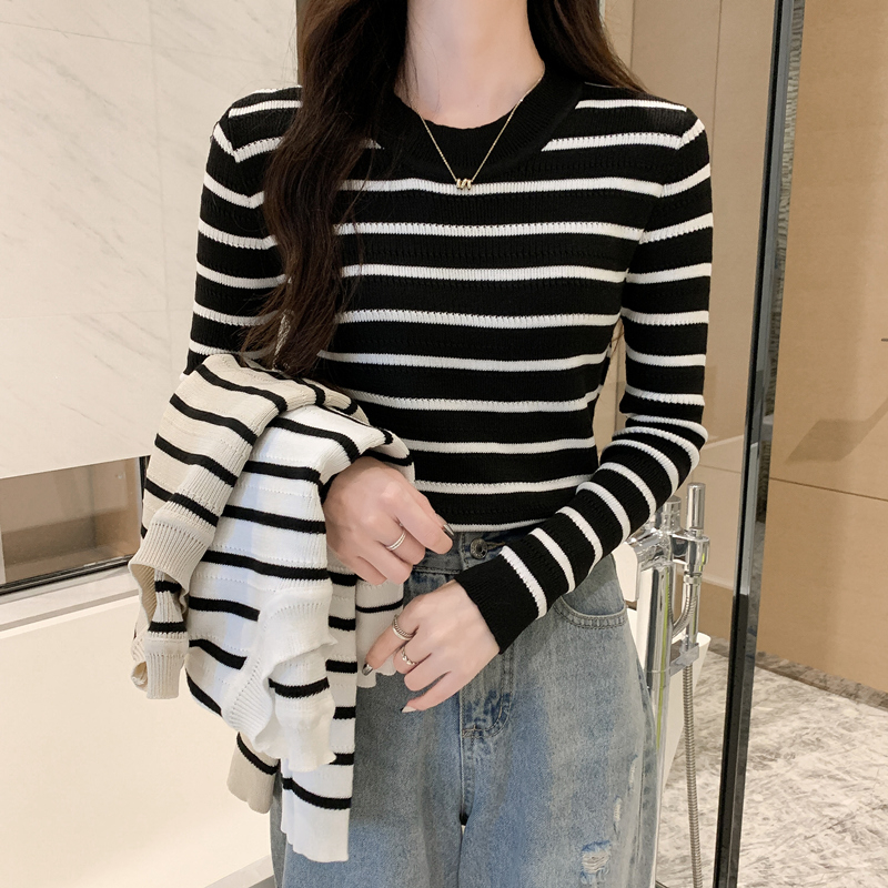 滌綸 高級感修身杏色設計感小眾條紋打底針織衫毛衣女